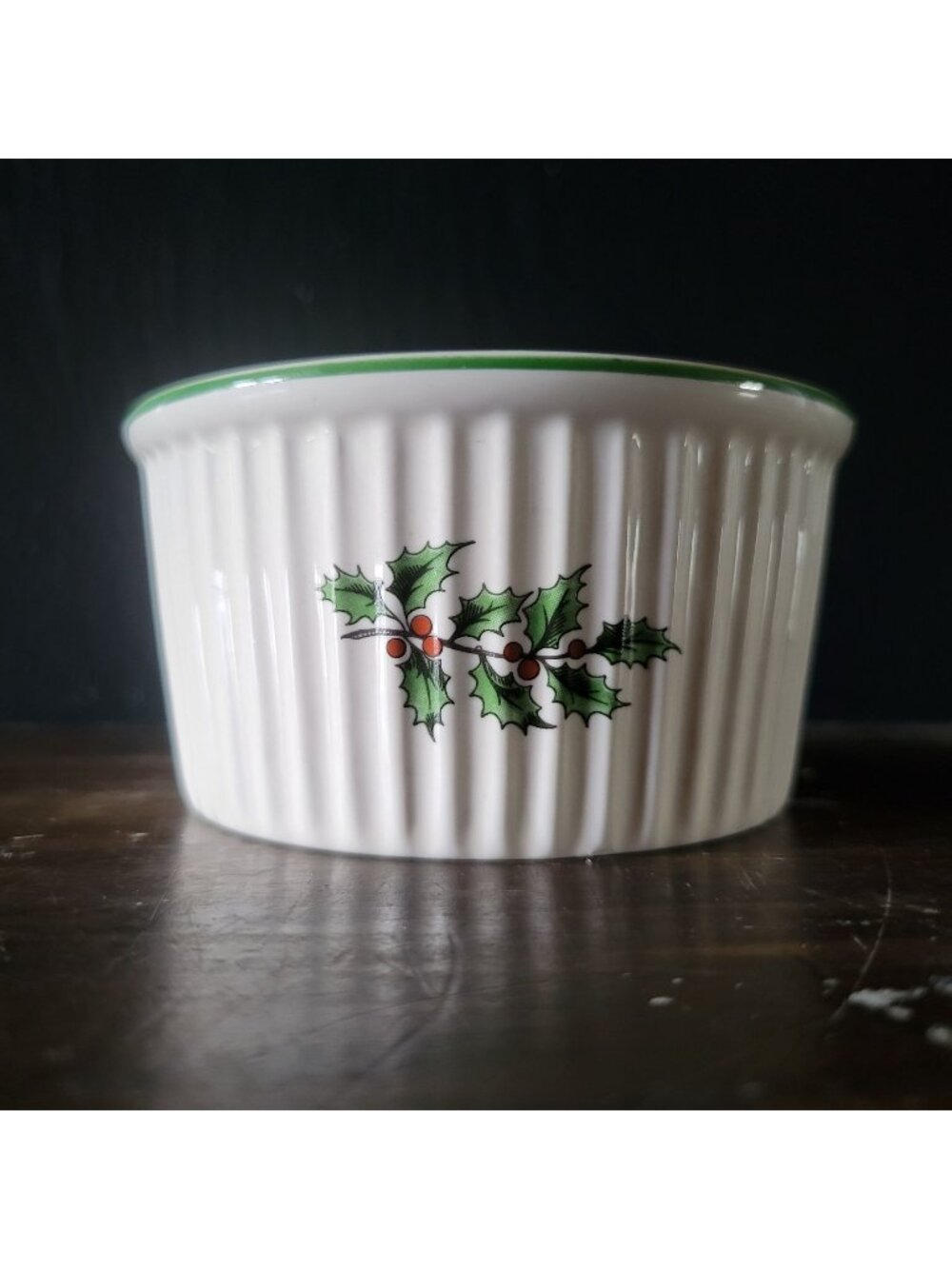 Spode Christmas Tree Ramekin White Ribbed Ceramic With Holly Motif & Green Rim